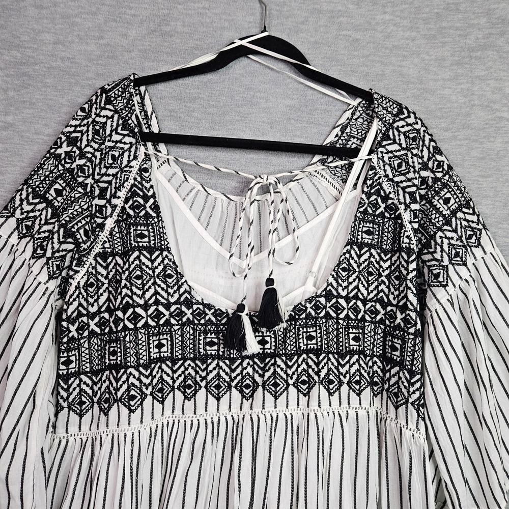 Free People Lola Black White Stripes Boho Dress Sz S Embroidered Bell Sleeve NEW - Picture 4 of 14